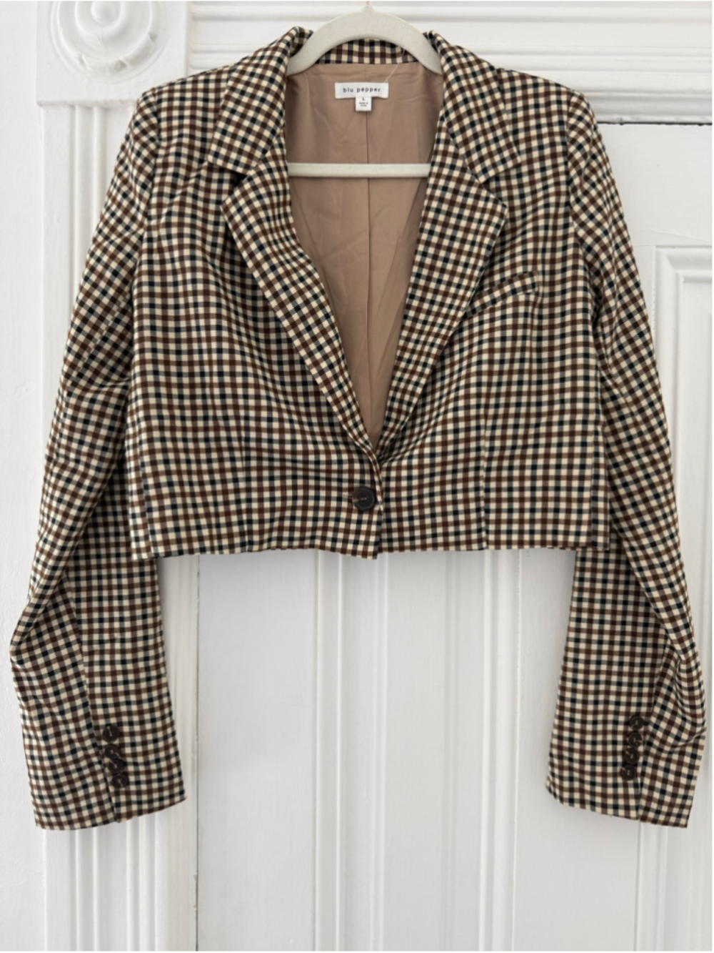 Women's Blu Pepper Cropped Plaid Blazer Size L Brown Black